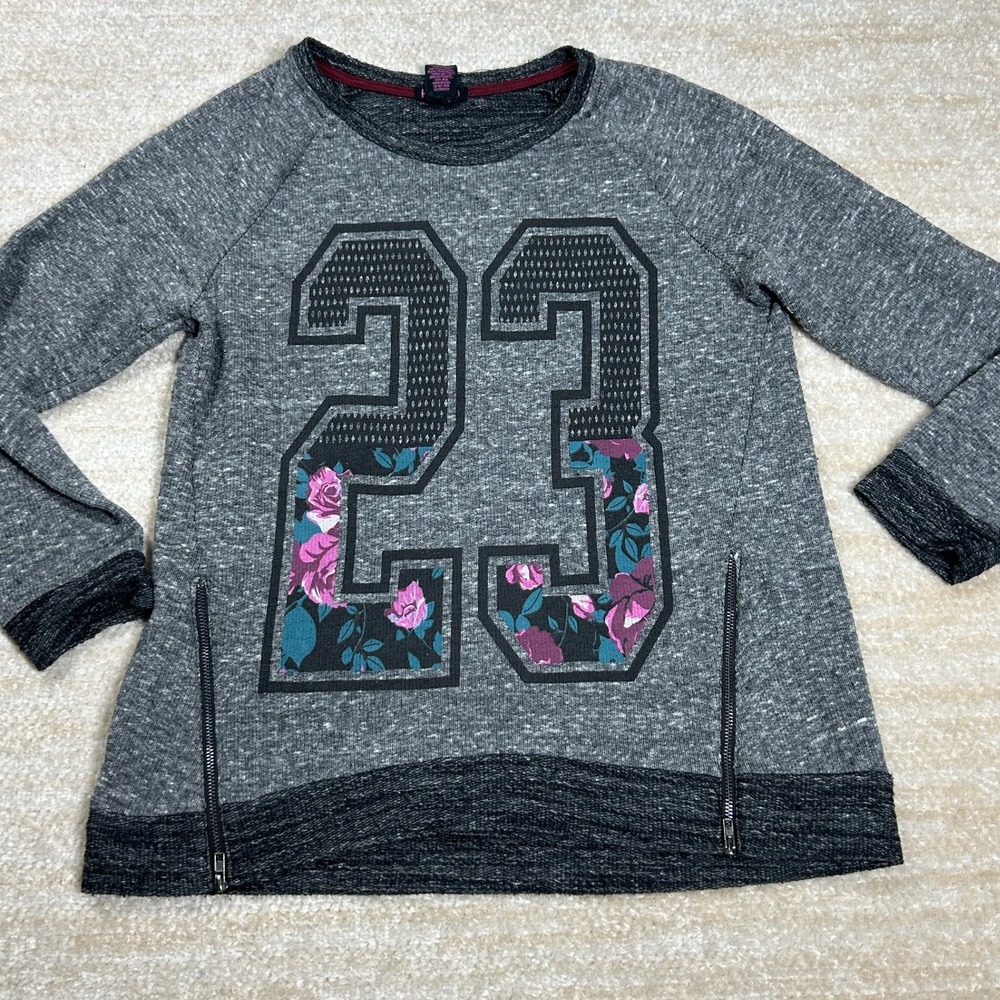 Hybrid Sweatshirt Womens L Gray Heather Floral 23 Pullover Long Sleeve Zip Hem